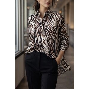 Et Clet Zebra Print Button Up Blouse Wm's M Brown Cream Long Sleeve Pleated Back